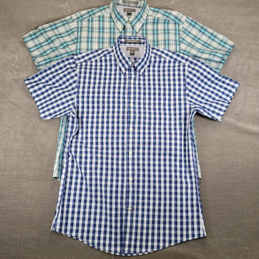 Lot of 2 Eddie Bauer Mens Wrinkle Free‎ Classic Fit Plaid Button Down Shirts Med